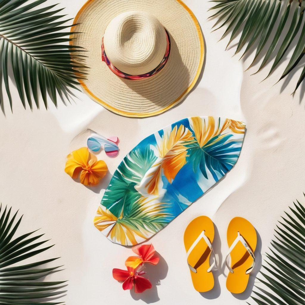 A stylish flat lay of chic swimwear laid on soft white sand, complemented by vibrant beach accessories such as sunglasses, a sun hat, and colorful flip-flops, with a clear blue ocean background and palm trees swaying in the gentle breeze. The scene should evoke a feeling of luxury and relaxation, capturing the essence of sun-kissed days. bright colors. photorealistic. with a touch of tropical vibes.